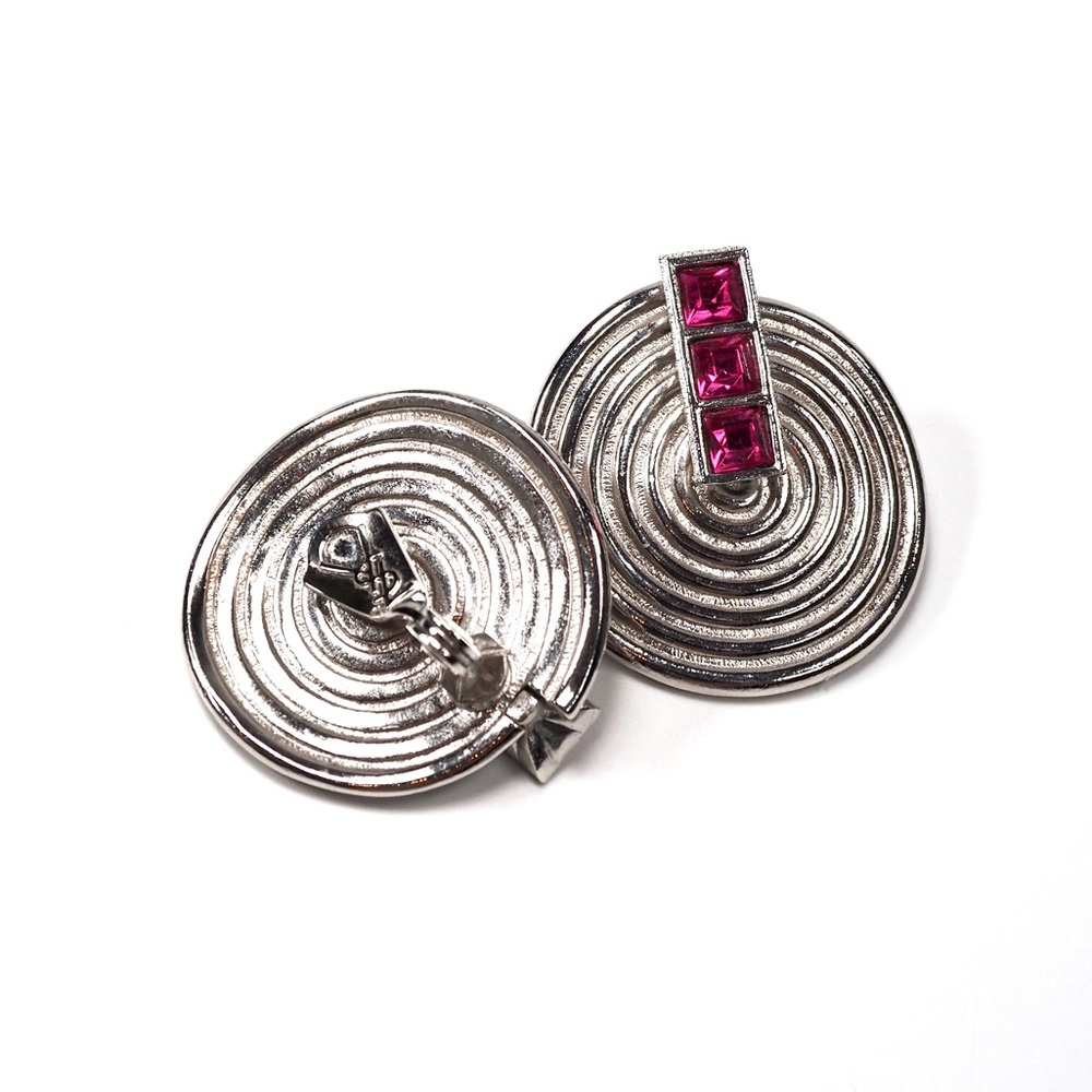 YSL Yves Saint Laurent Silver Spiral and Pink Rhinestone Earrings